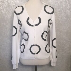 Kenar White V Neck Cardigan button up sweater with Black Circles Design Size M